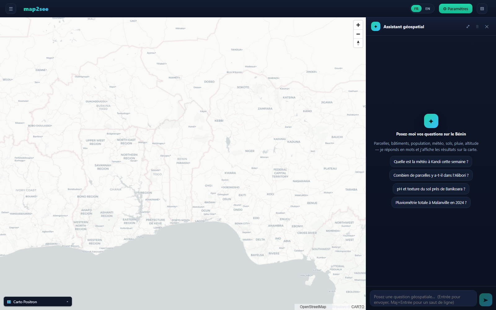The map2see web interface showing an interactive map of Benin with the built-in geospatial assistant